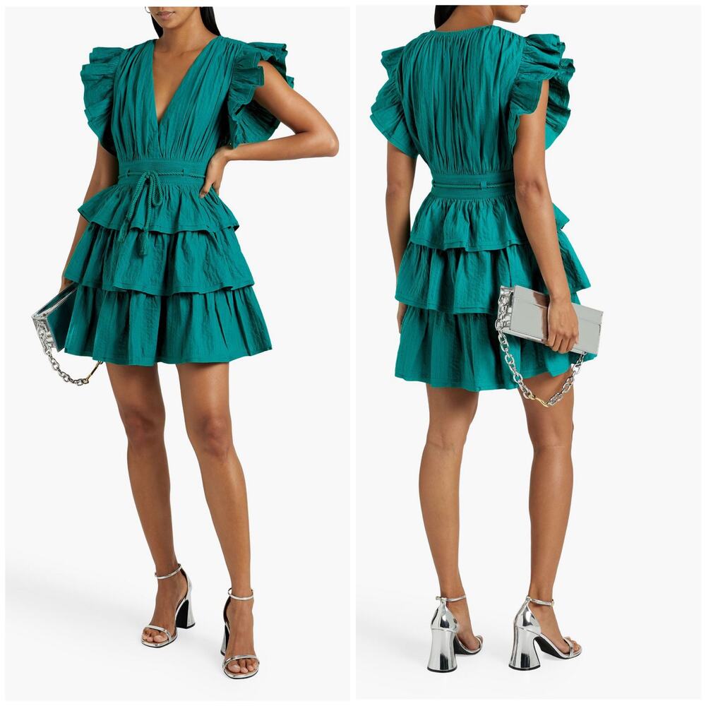 Ulla Johnson Camilla Tiered Pintucked Cotton-Poplin Mini Dress Teal
